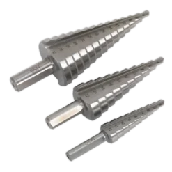 Sealey AK4746 HSS 4341 Step Drill Bit Set 3pc Double Flute -Home Tools And Supplies Store ak4746 less case