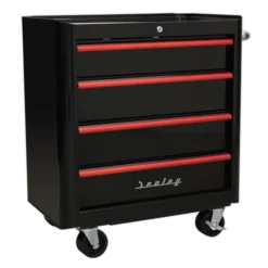 Sealey AP28204BR Rollcab 4 Drawer Retro Style- Black With Red Anodised Drawer Pulls