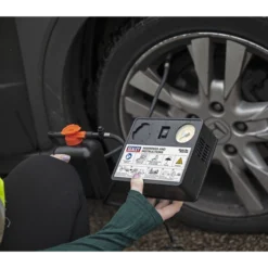 Sealey MAC10S Tyre Inflator 12V & Emergency Puncture Sealant Kit -Home Tools And Supplies Store mac10s act in use close dfc1036407